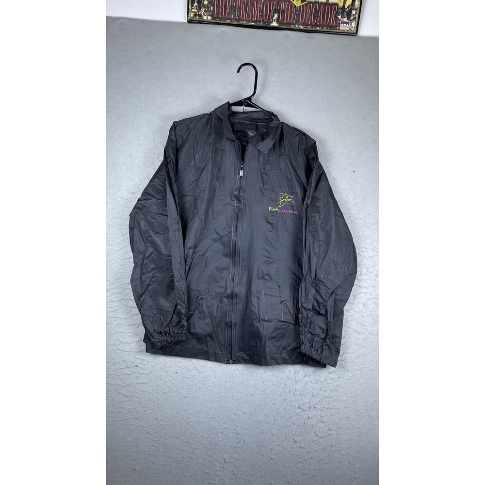 Vintage Salem Jacket Mens‎ One Size Black PVC Windbreaker Full Zip Logo 90s